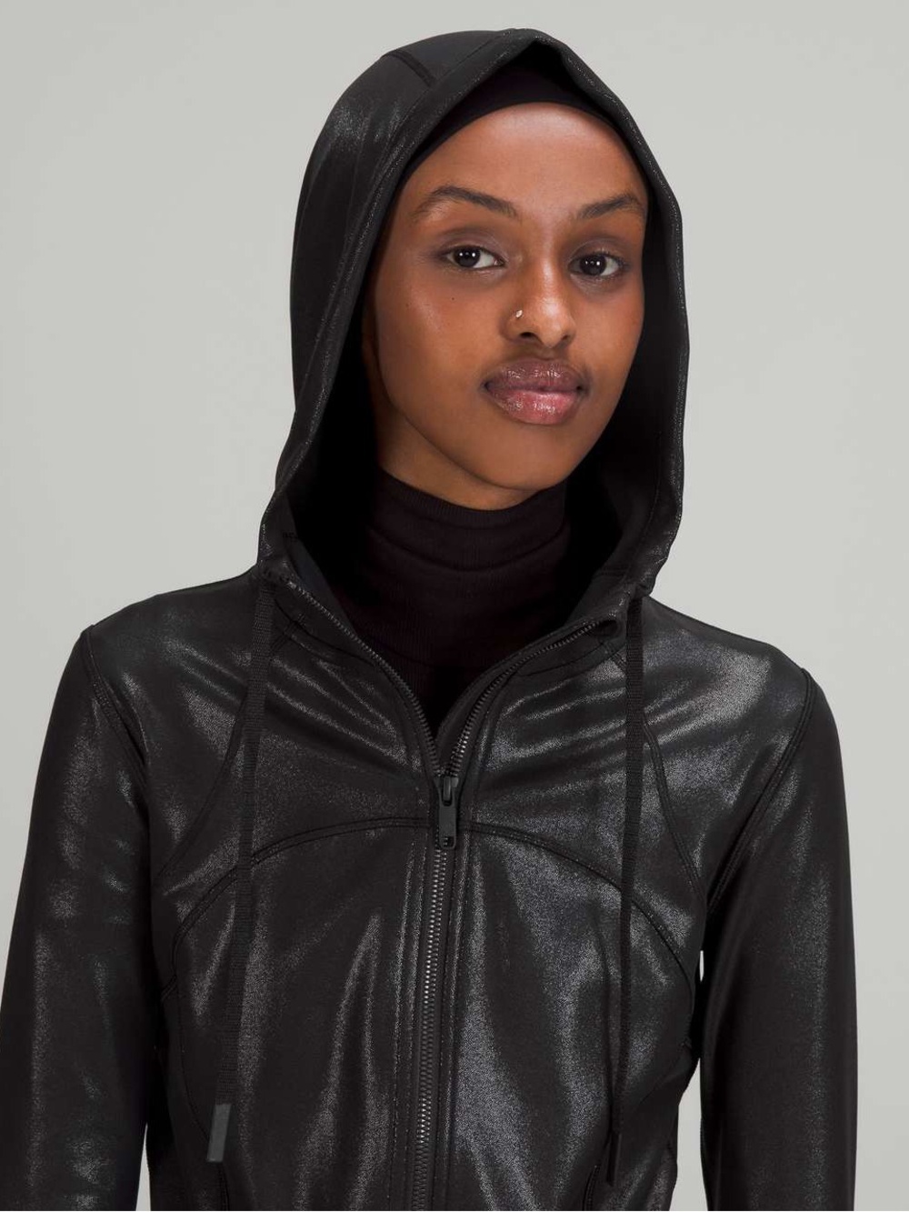 Define Shine Black Hooded Zip Jacket - Sleek Lightweight Women's Jacket